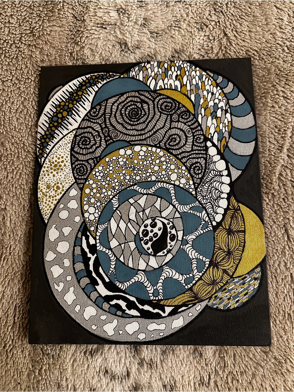 Original abstract Layered Circles Wall Art in Teal, gold, Black, White and grey